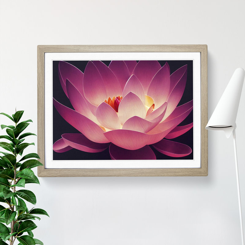 Illuminating Lotus Flower - Single Picture Frame Print, 25cm H x 34cm W x 2cm D, Oak