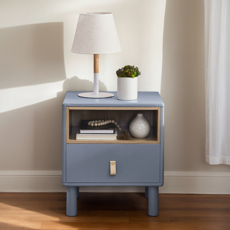 Modern Single Drawer Wood Bedside Table, Compact Nightstand, Nordic Style with Storage, Blue
