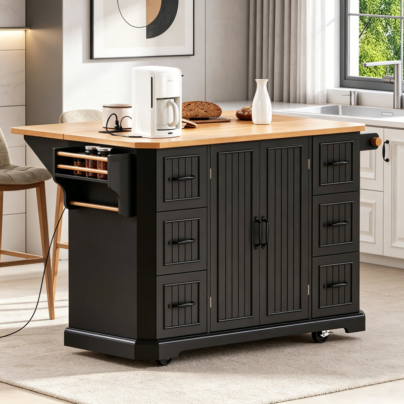 Îlot de cuisine rustique à roulettes avec abattant, prise de courant et grand espace de rangement sur 4 roues pour les cuisines modernes