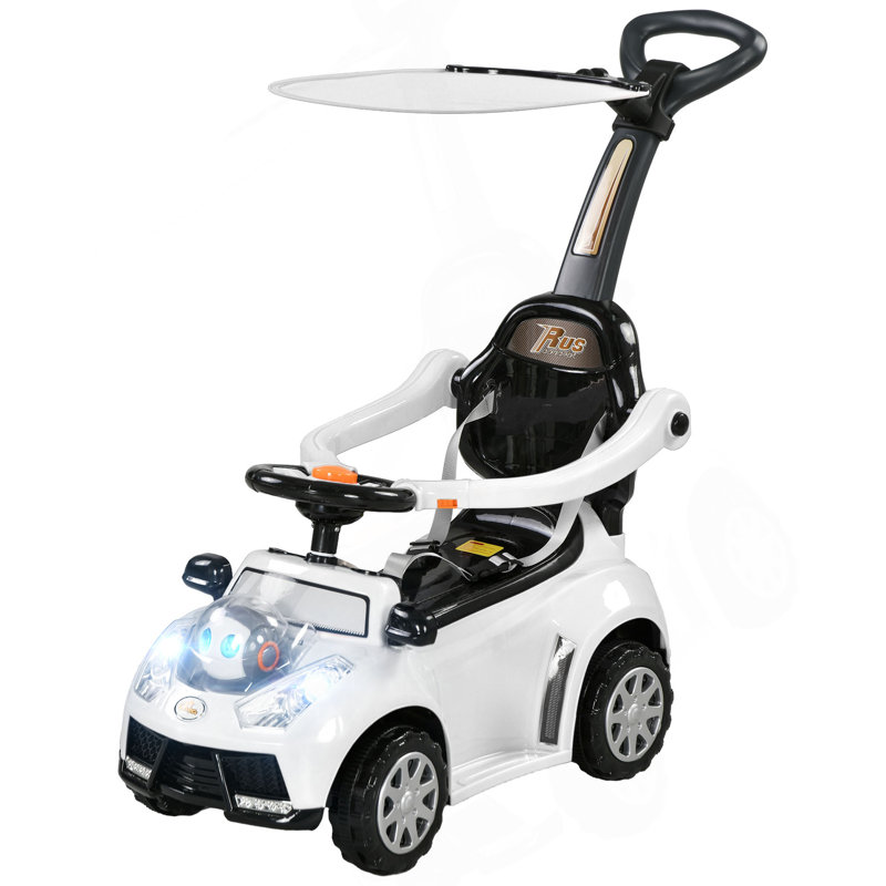 Qaba Push Car For Kids 1-3 Years, 3 In 1 Ride On Sliding Car, Foot To Floor Baby Push Car With Removable Handle, Music, Horn, Canopy, Safety Guardrail