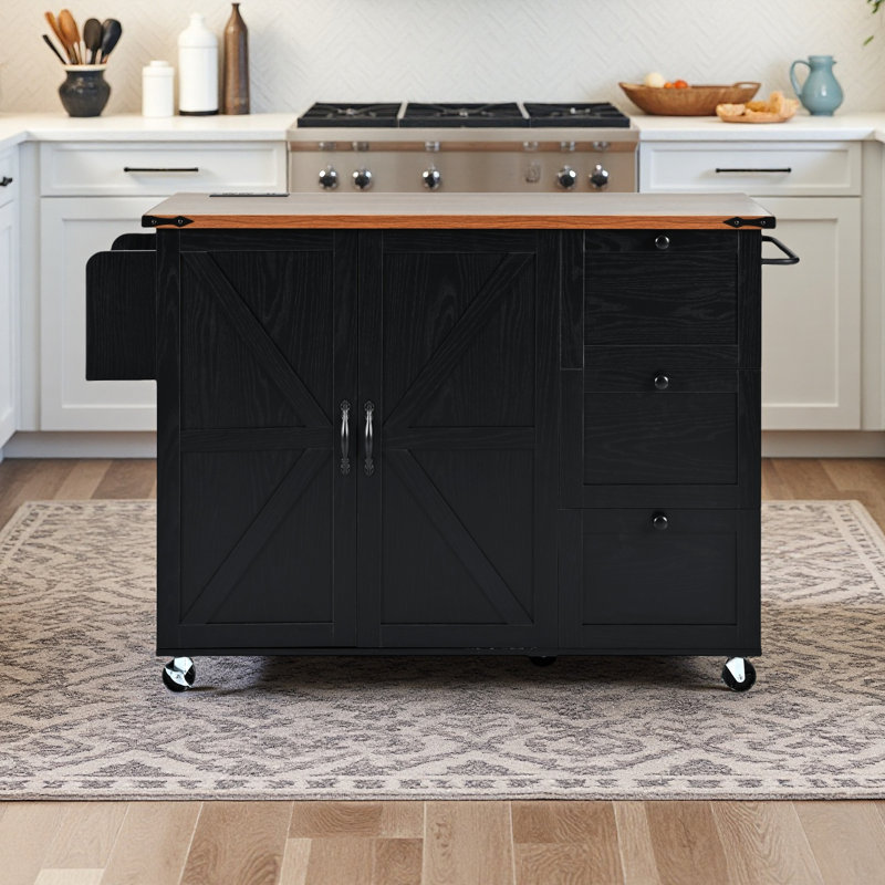 54.5" Farmhouse Kitchen Island with Built-In Power Outlet, Drop Leaf, X-Barn Doors & Internal Storage Racks – Rustic Rolling Cart on Wheels for Home, Kitchen & Dining