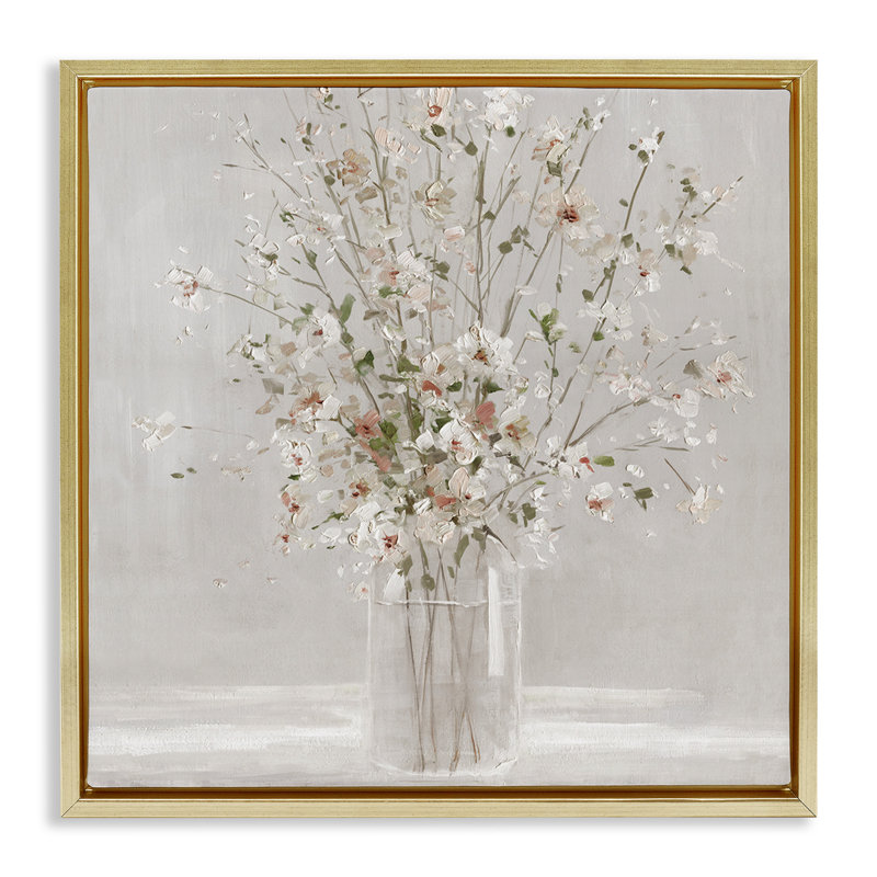 Neutral Flower Vase Arrangement, 18" H x 18" W, Metallic Gold Floater Frame
