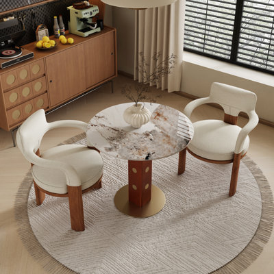Contemporary Luxe 33'' Round Dining Table Collection with Walnut Legs and Gold Accents — Featuring Eclipse Noir Glass, Glacier Vein, Desert Bloom, and Night Grid Marble Finishes