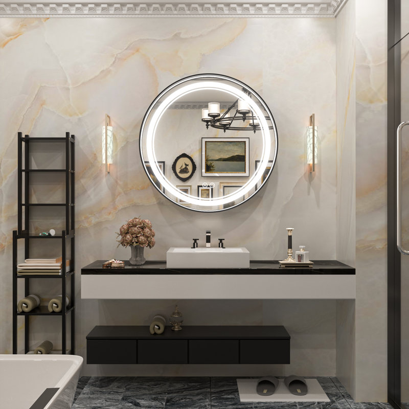 Miroir de salle de bain à DEL, Noir, 24 po x 24 po