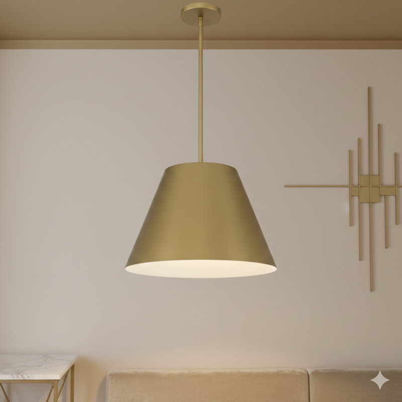 Un luminaire suspendu avec un abat-jour de 16 pouces de diamètre dans une finition laiton, avec une source de lumière DEL intégrée.