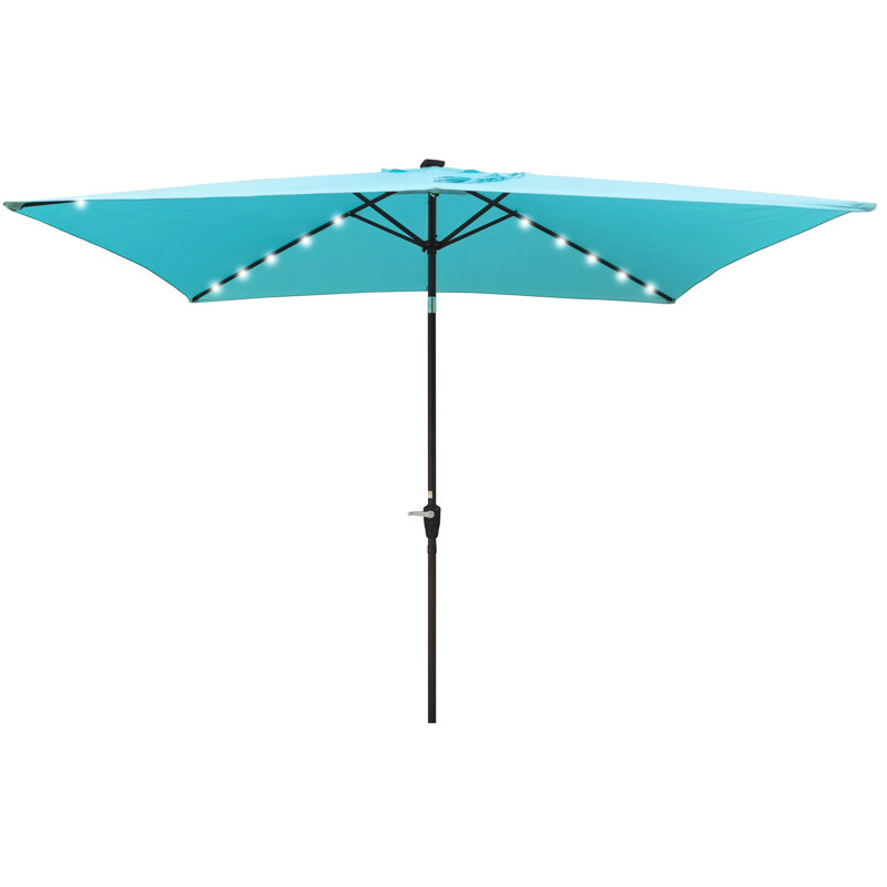 Parasol rectangulaire pour terrasse à DEL 10 pi x 6,5 pi - Turquoise, eau, facile à assembler, avec manivelle et bouton inclinable pour la cour arrière, protection extérieure turquoise, durabilité du pavillon, jardin au bord de la piscine
