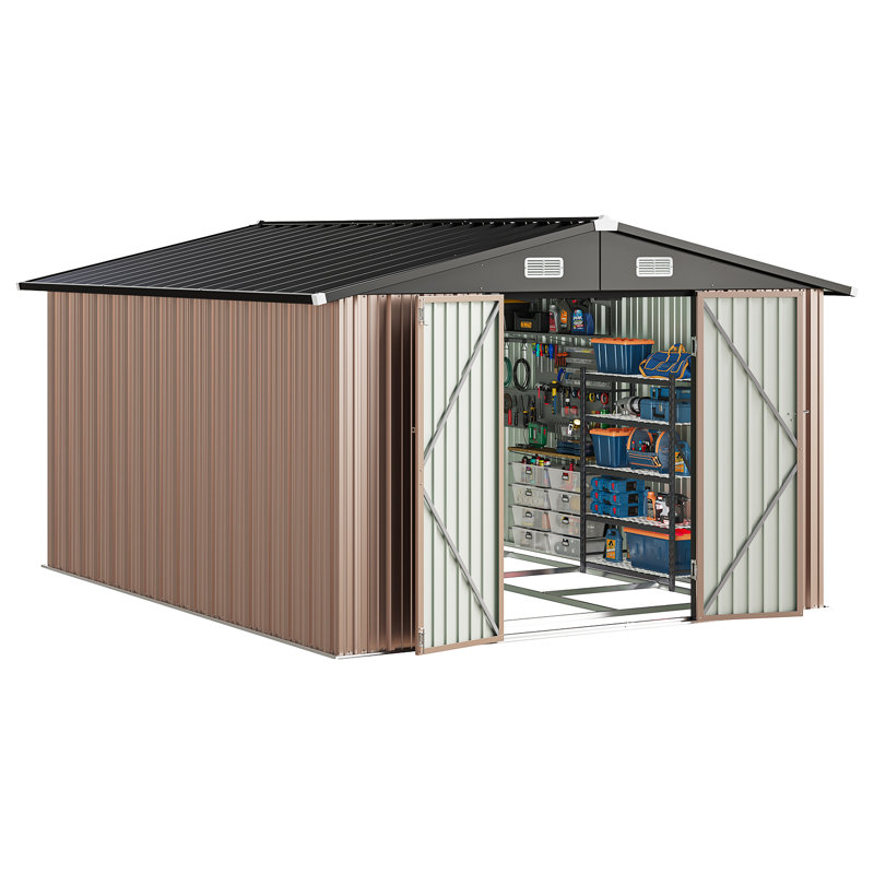 10 Ft. W X 12 Ft. D Metal Storage Shed With Metal Base Frame Kit, Brown, 10' W x 12' D