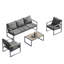 Ensemble de mobilier d'extérieur 4 pièces Ensemble de conversation de patio moderne en fer avec coussin gris et faux grain de bois, table basse pour le jardin