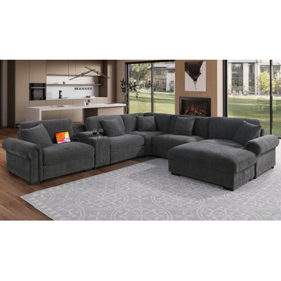 Errett Upholstered Corner Sectional with Storage & Cup Holder Console, 5 Throw Pillows