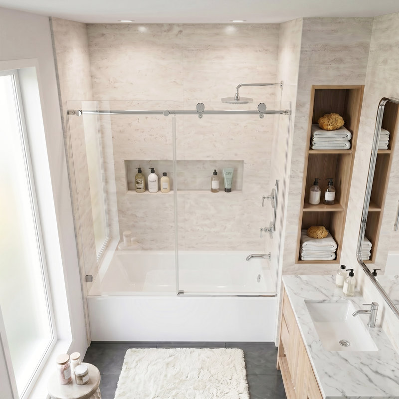 Porte de douche coulissante simple sans cadre l 56 à 60 po x H 60 po, Chrome chrome