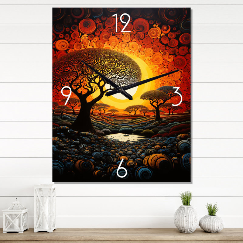 Baobab Tree Landscape III - Floral Wall Clock, Medium