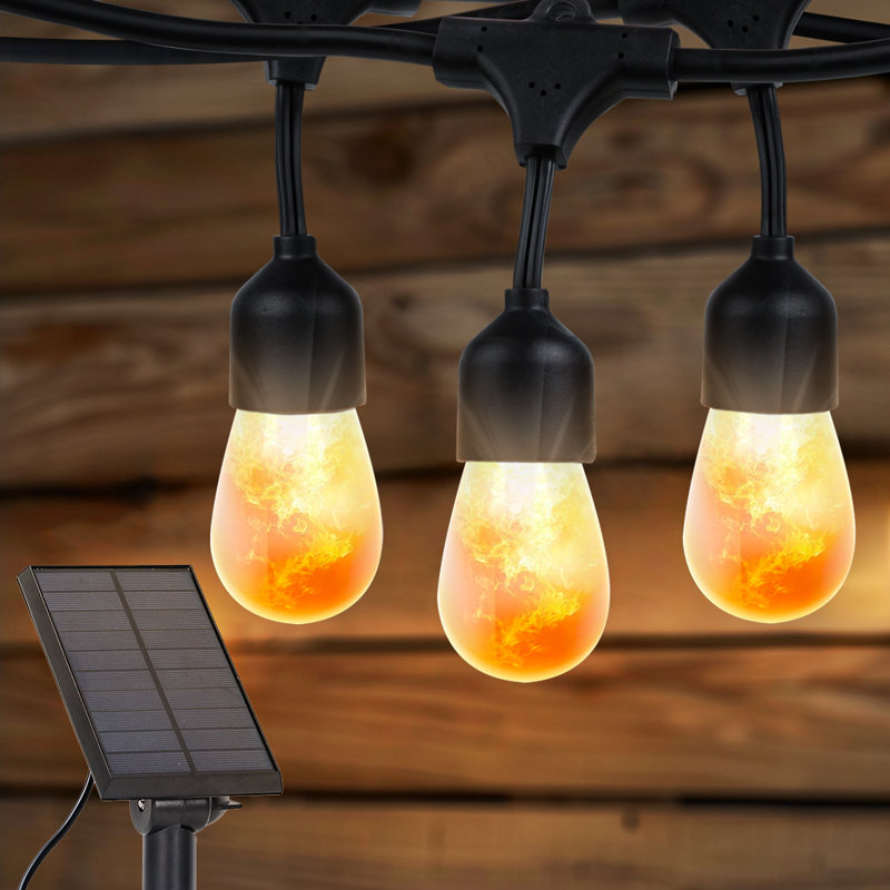 Ambience Pro 27 ft. Solar Outdoor Patio LED String Lights with 12 Flame-Effect S14 Bulbs, Hanging Style, Weatherproof