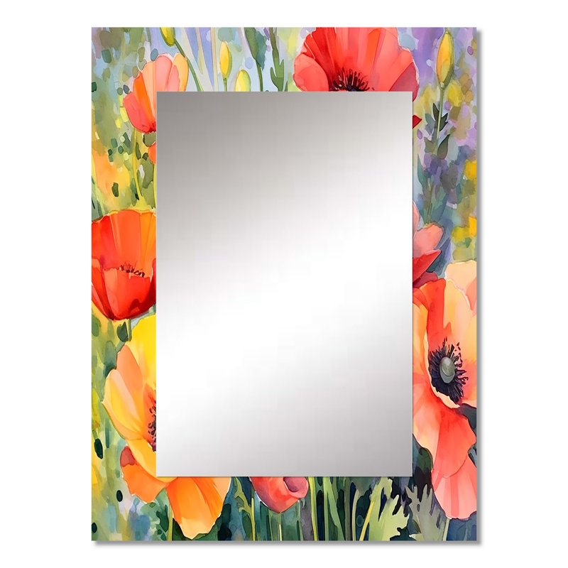Vibrant Poppies I - Floral Mirror, Traditional Unique Wall Mirror, Printed Metal Art, 32" x 24"