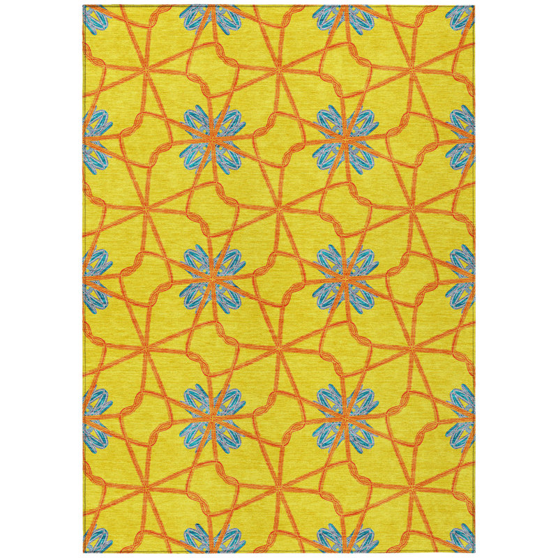 3' X 5' Yellow And Teal Blue Geometric Washable Indoor Outdoor Area Rug