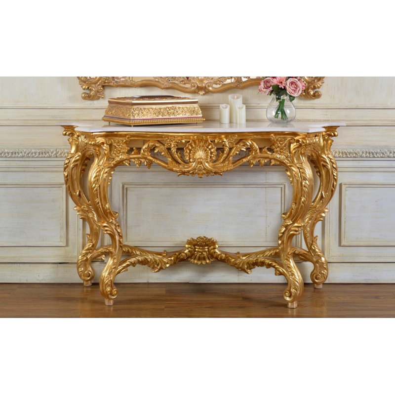 Aurora 60.63'' W Marble Console Table, Bright Gold, White