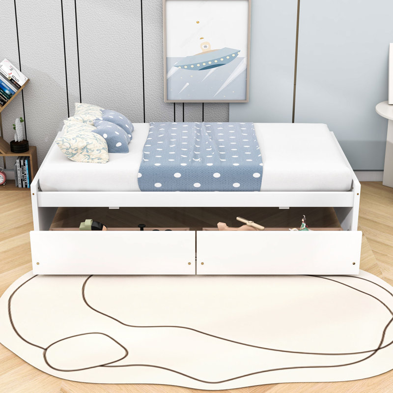 Yunet Twin Size Wood Platform Bed with 2 Drawers, White