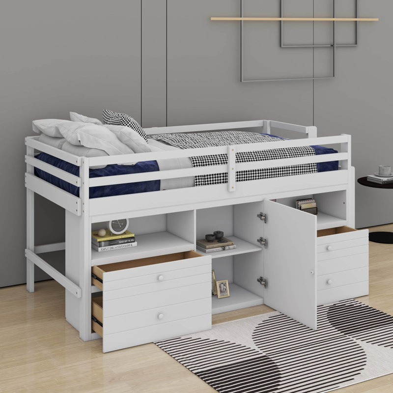 Lit mezzanine simple avec 4 tiroirs, sous l'armoire et les tablettes, Blanc