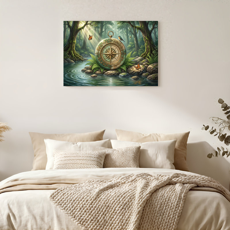 «Gallery Wrap», art mural sur toile pour le salon, la chambre à coucher, le bureau ou le vestibule - décoration murale décorative avec boussole forêt