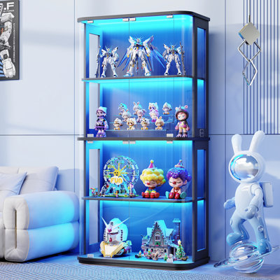 65" Rounded Display Cabinet With Glass Door, 4-tier Curio Cabinet With Transparent Full-display Surface For Collectibles, Glass Display Case With 3 Co by Wrought Studio