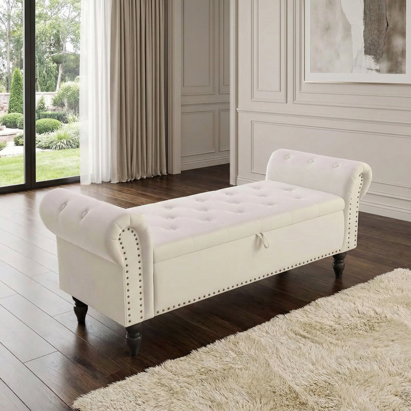 Ottoman Storage Bench, Velvet End Of Bed Storage Box With Lid, Sturdy Wood Legs Footrest, 168kg Load Capacity, Sofa Bench For Bedroom/living Room, 133x53x46cm