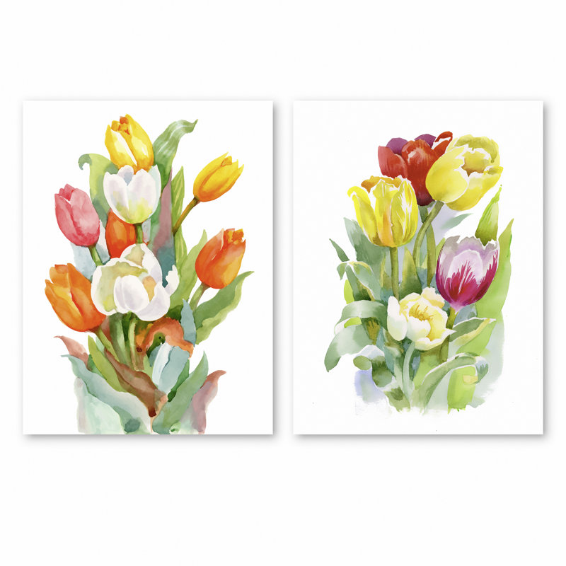 «Blooming White and Orange Tulips Flower» - ensemble de 2 toiles tendues, H 32 po x l 48 po x P 1 po