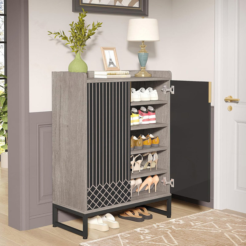 29.52" Shoe Cabinet With Doors, Gray/Black
