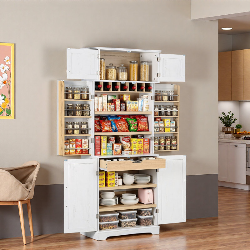 Grand garde-manger de style campagnard avec 8 tablettes de porte, tablettes réglables, tiroir caché et porte-bouteilles