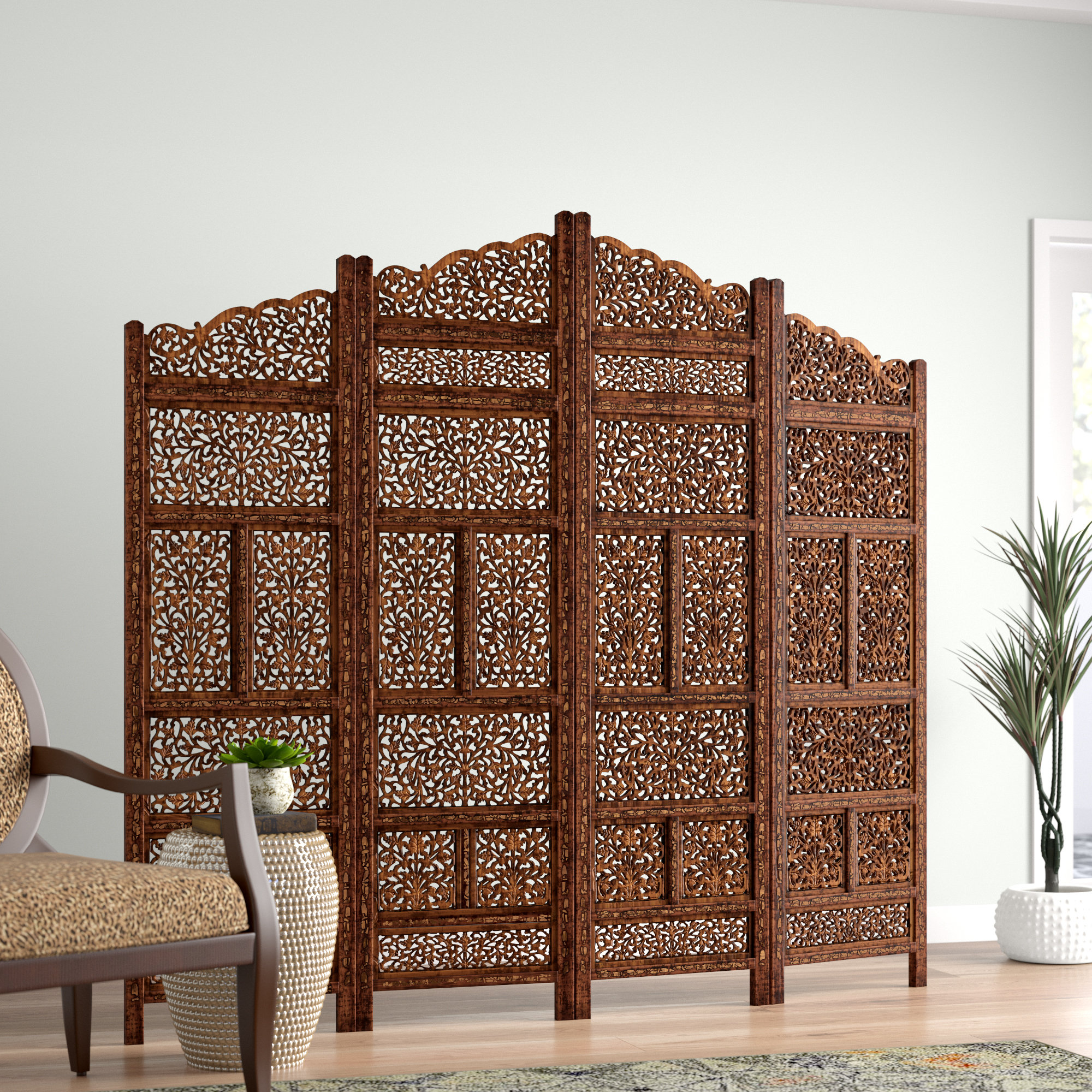 Bungalow Rose Wooden Foldable 4 Panel Floral Partition Room Divider ...