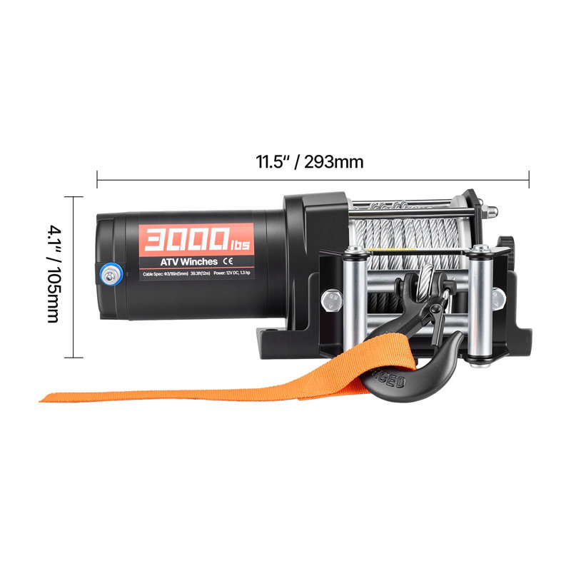 Treuil électrique 12 V CC de 1 360 kg (3 000 lb) avec câble en acier de 4,76 mm x 12 m (3/16 po x 39,4 pi), télécommande filaire, boîtier en aluminium étanche IP55 pour le remorquage et le dépannage de VTT et de VUTT, noir