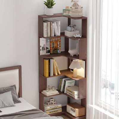 6 Tier Freestanding L-Shaped Corner Bookshelf For Living Room, Bedroom, Wooden Bookcase with anti-drop panle and anti tipping device, Display shelf Open storage rack Organizer for Home Office (DARK RED)