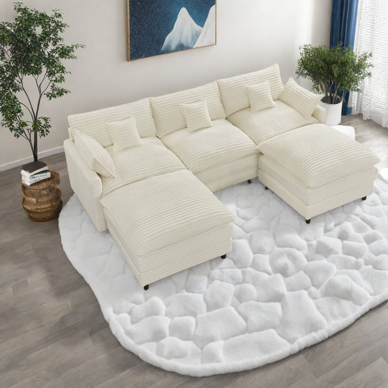 Multifunctional Corduroy Sofas, U-shaped Spacious Design With Storage Console For Home