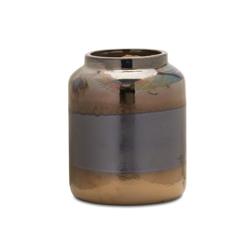 9" Black and Blue Striped Cylinder Clay Table Vase, 8.5" H x 7" W x 7" D