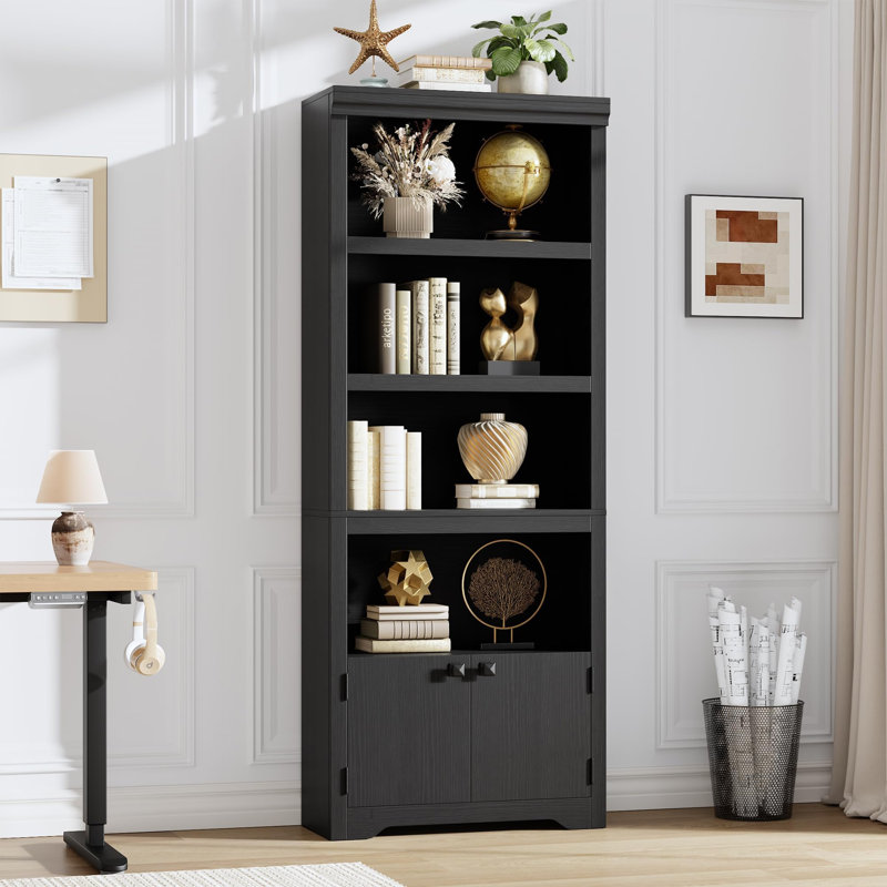 5 Tier Bookshelf,  Farmhouse Bookcase with 2 Doors - Open Display Storage Rack with Anti-Slip Design and Adjustable Shelves
