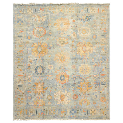 Tapis bleu Oushak en laine noué à la main 8 pi 2 po x 9 pi 9 po