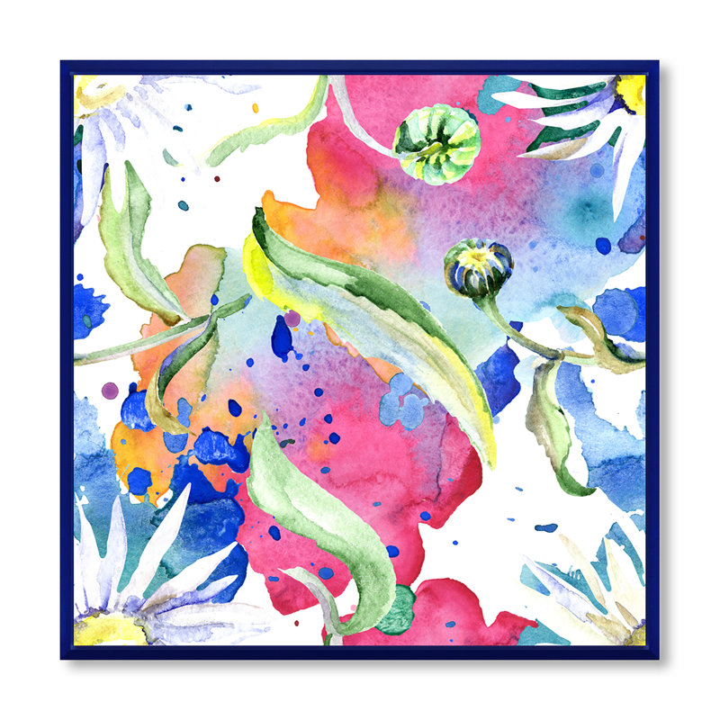 Iridiscent Daisy Flowers - peinture sur toile, Toile encadrée bleu, H 36 po x l 36 po x P 1 po