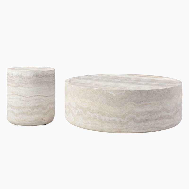 Set Of 2 Faux MARS Pattern Coffee Tables Side Table Round Tea Faux Travertine Textured  Table For Living Room, No Need Assembly.
