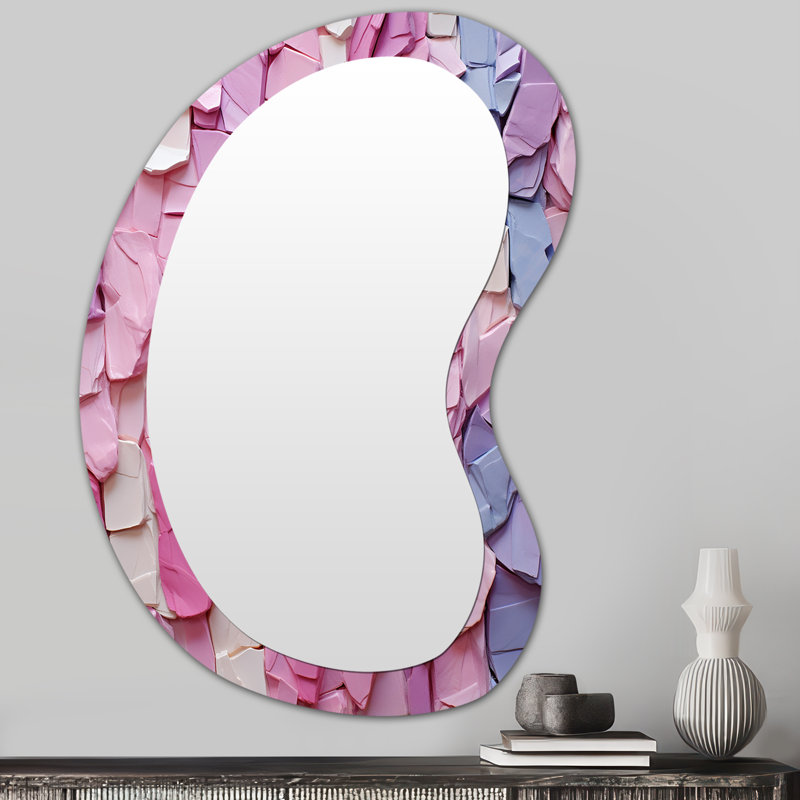 Peinture dynamique rose et mauve - Art abstrait géométrique en métal - Miroir mural moderne et irrégulier, 31 po x 22 po