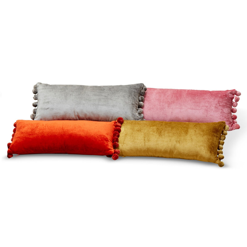 Mustard Velvet Rectangular Lumbar Pillow with Pom Pom Trim