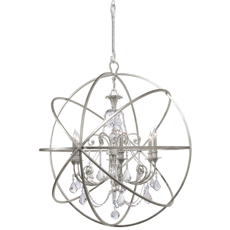 Lustre 6 lumières façon bougie Dreiling, Transparent, taillé main, Argent d'antan