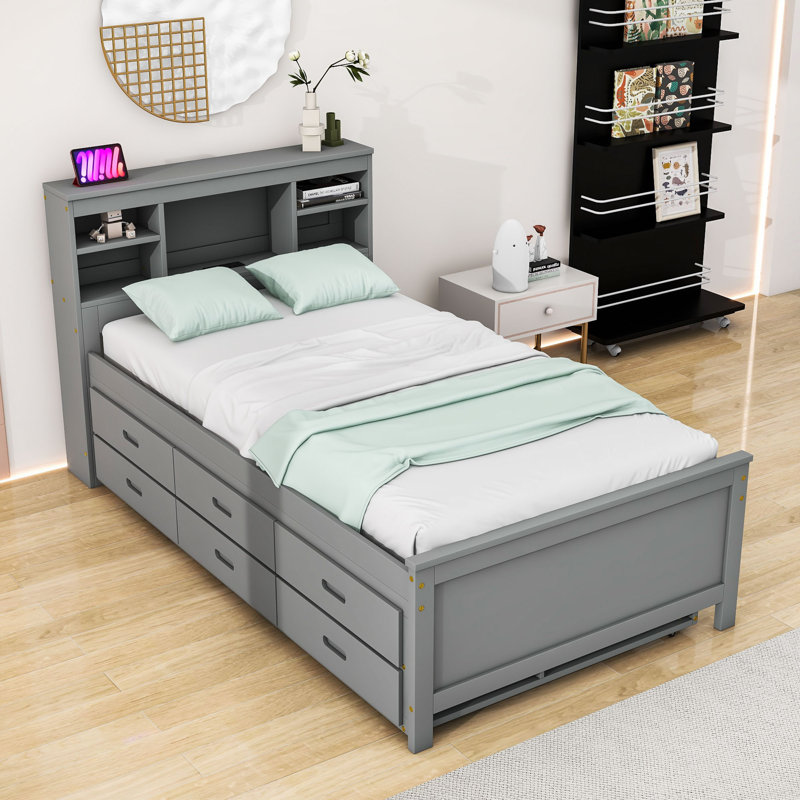 Lit plateforme avec tête de lit, ports USB et lit gigogne, Gris, Simple
