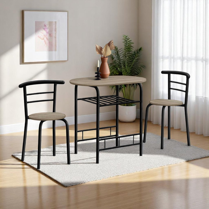 Ensemble de table de salle à manger, ensemble de 3 pièces, petit, L 32 po, cuisine, stratifié gris, métal noir, contemporain, moderne