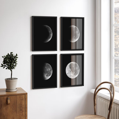 " Black & White Phases Of The Moon Nature Wilderness Photography Modern Decor " 4 - Pieces