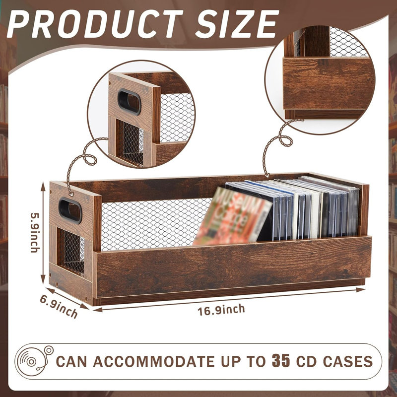 Lot de 2 boîtes de rangement rétro pour CD, pouvant contenir 72 CD (36 par boîte), étagère de rangement vintage en métal brun et bois avec rabat avant magnétique et poignées.