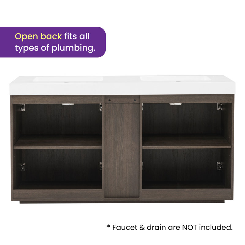 Bathroom Vanity with Solid Surface Top, White/Dark Brown, 60", Single-Hole
