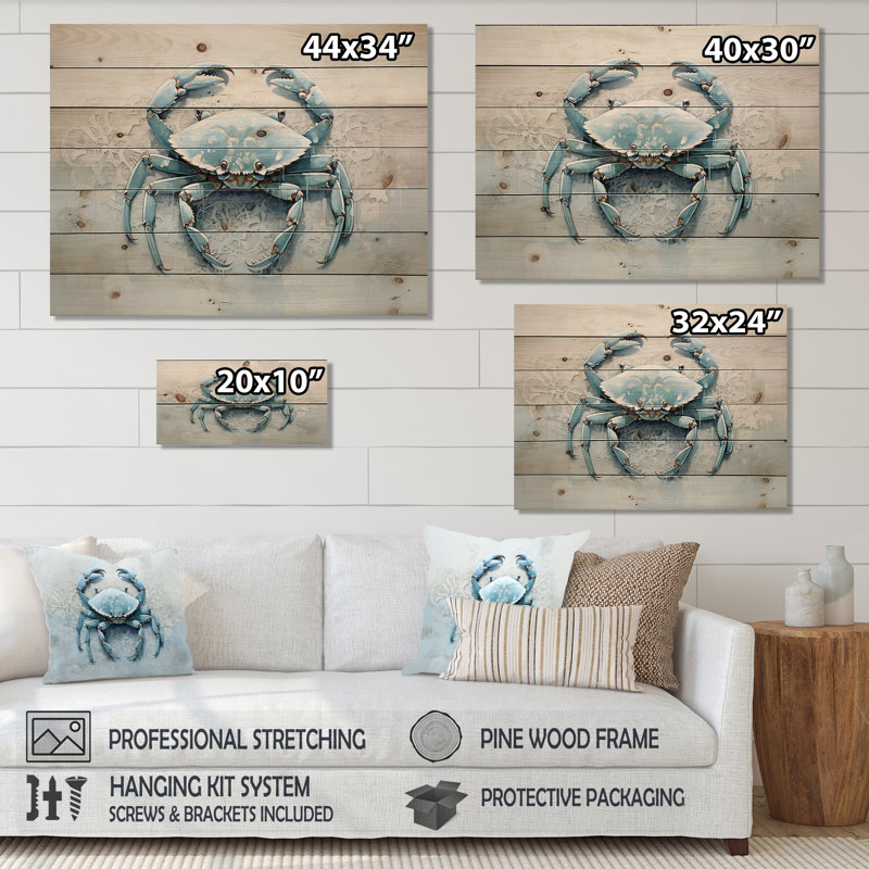 Minimalism Blue Crab Impression I - Crab Wood Wall Art On Natural Pine Wood, 30" H x 40" W