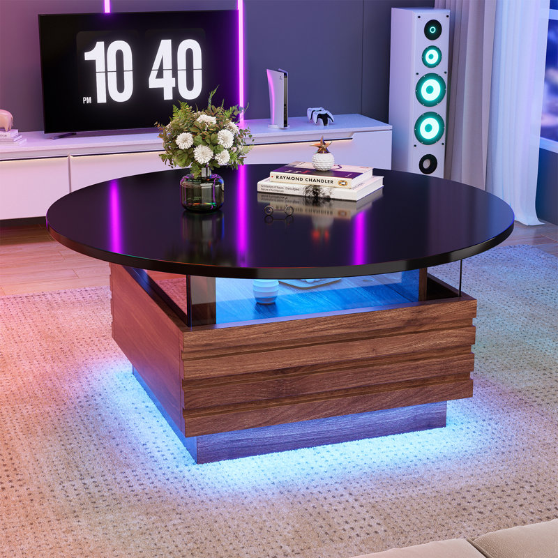 Round Coffee Table with LED Lights & 2 Drawers, Modern Center Table with Tempered Glass, for Living Room, 80 x 80 x 40 cm