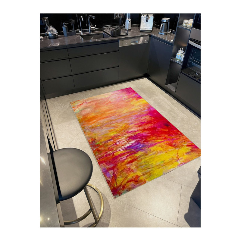 Pastel Coloured Abstract Patterned Woven Base Modern Decorative Washable Rug, Rectangle 3'3" x 4'11" Rug Pad Included