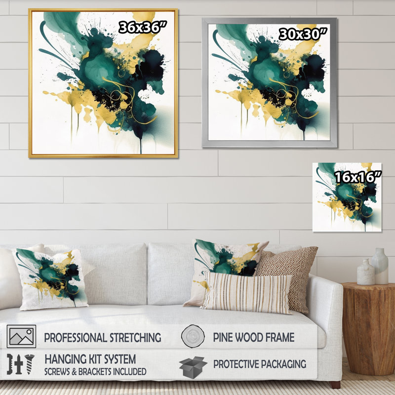 Bleu foncé, turquoise et or II, H 36 po x l 36 po x P 1,5 po, Cadre flottant noir