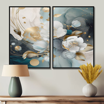 Blue Marble Gold Floral Impressions II - Art mural traditionnel rose