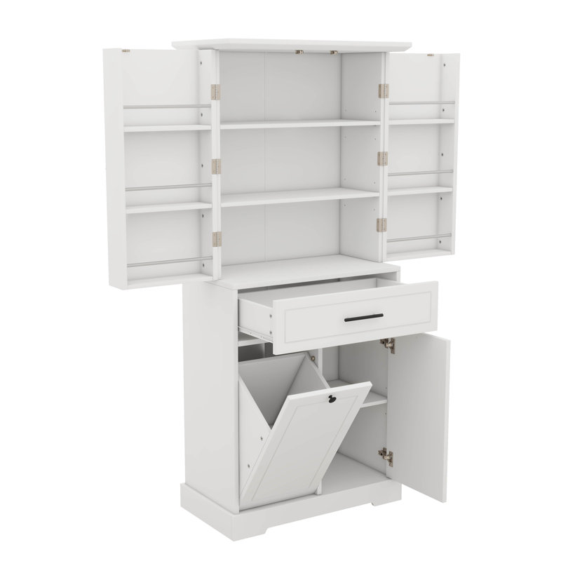 Independent Bathroom Storage Unit Equipped With Doors, Drawers, A Pull-Out Laundry Basket, And Adjustable Shelving